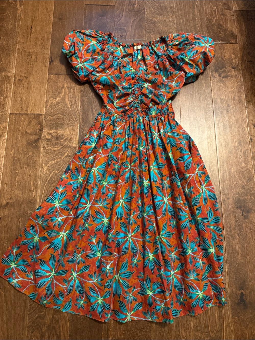 Ulla Johnson Orange Floral Midi Dress with Teal Leaf Print